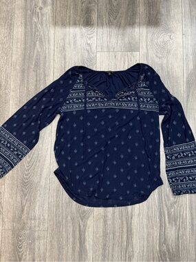 Lucky Brand Navy Printed Long-Sleeve Peasant Top